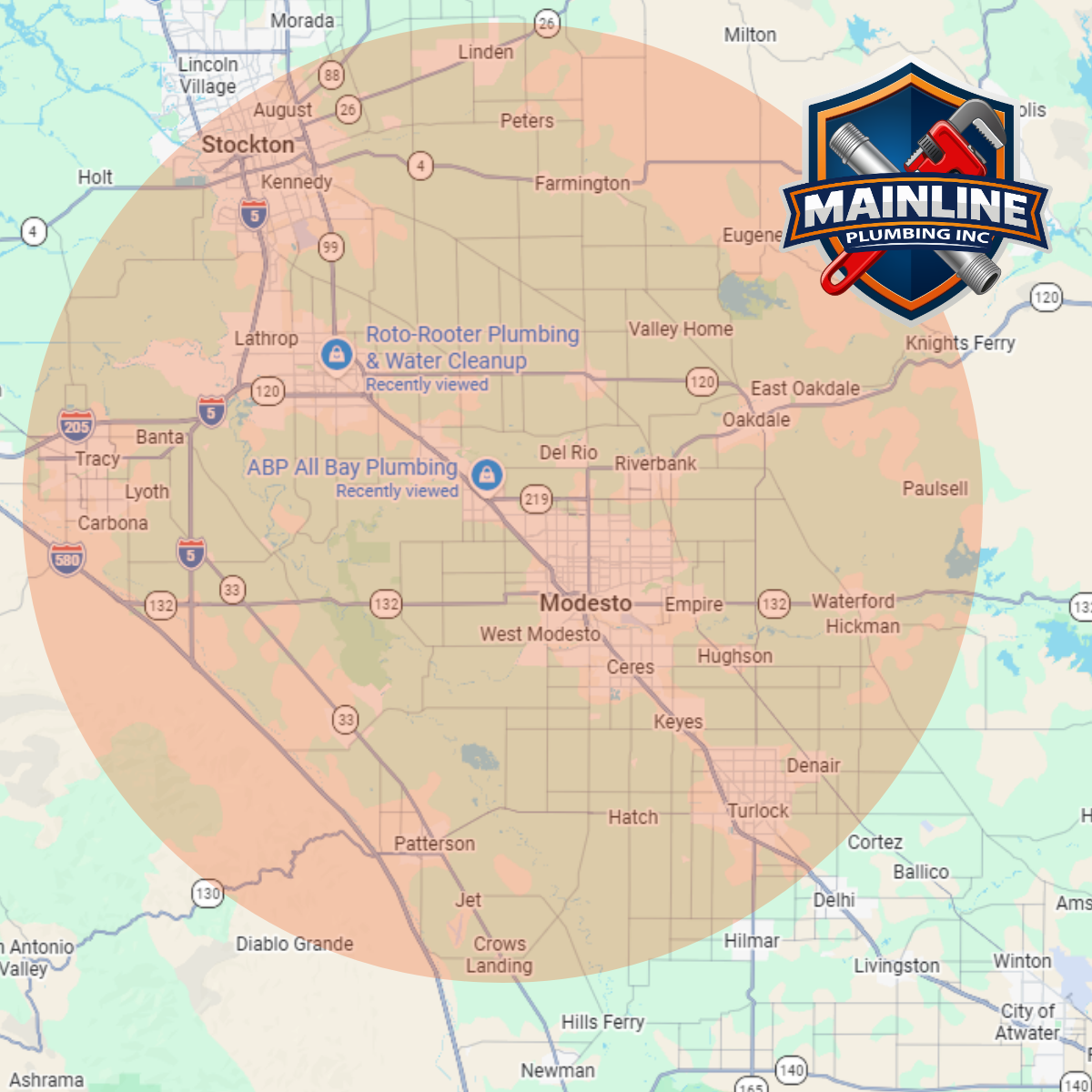 Mainline Plumbing service area map covering Escalon, CA